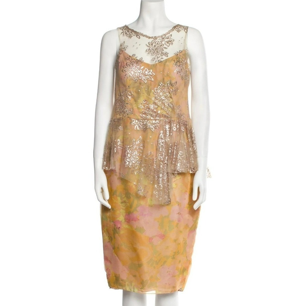 Badgley‎ Mischka Peach Metallic Floral Embroidered Wedding Guest Midi Dress 14